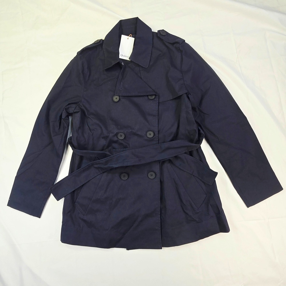 Quince Double Breasted Trench Coat Women's Medium Navy Blue Belted Outerwear New